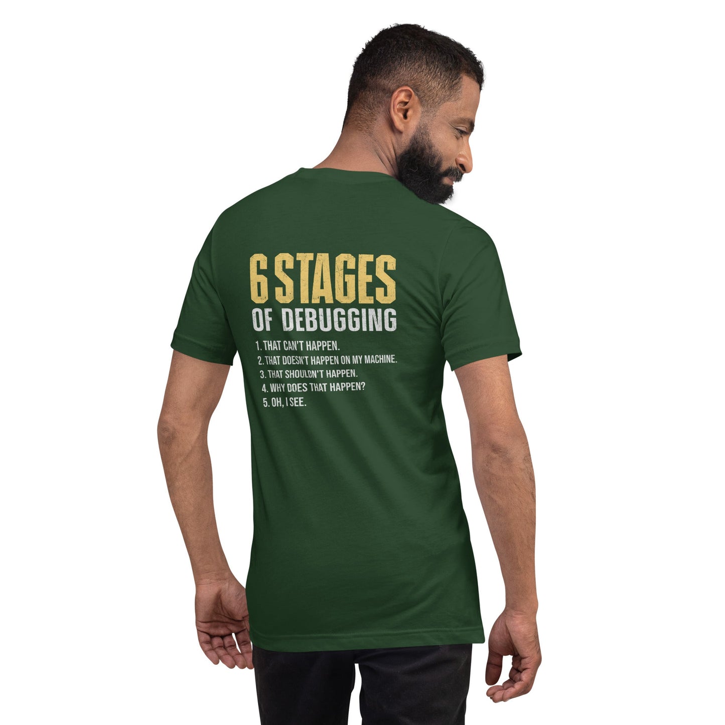6 Stages of Debugging Yellow V Unisex t-shirt ( Back Print ) by DarkByteGear