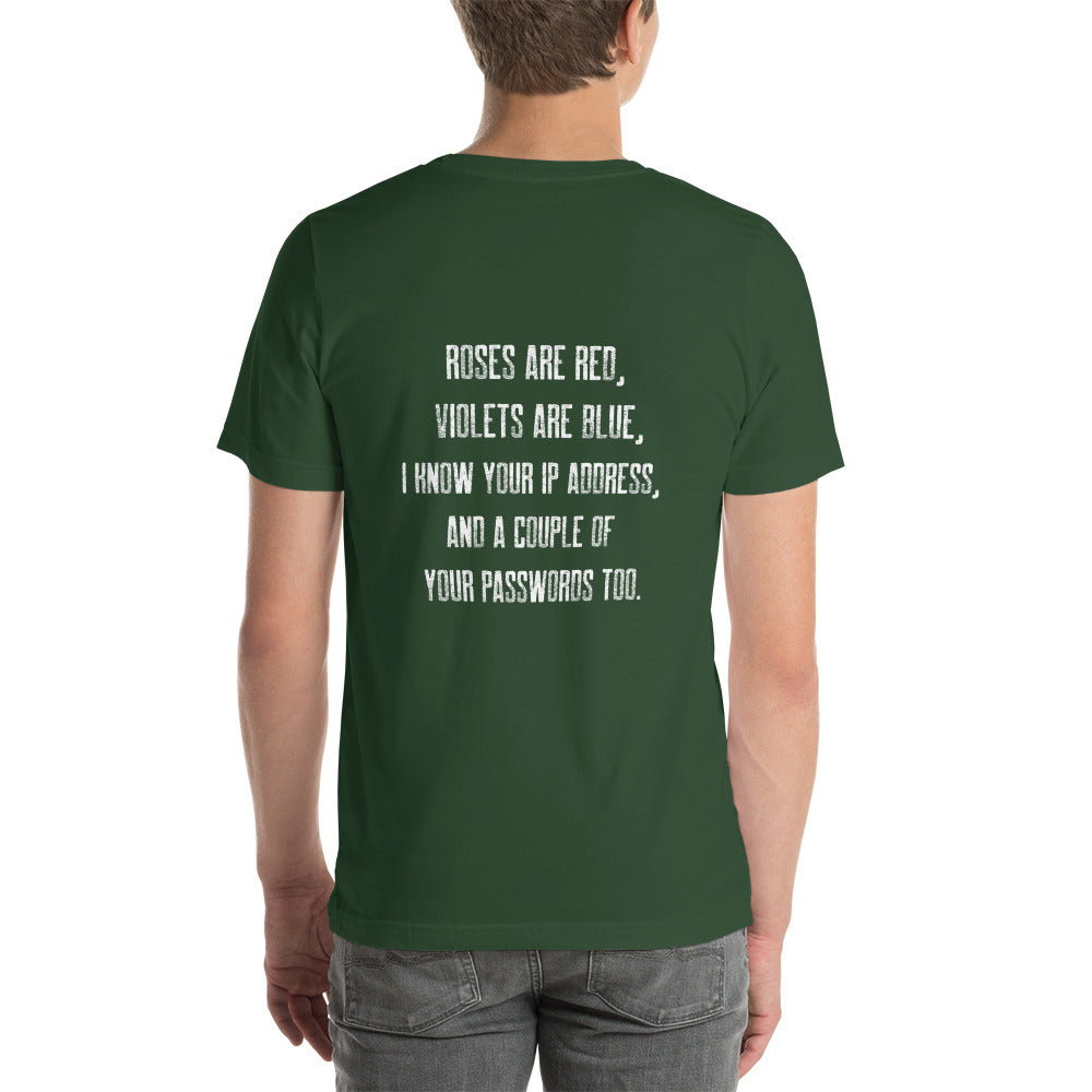 Roses are red, I know your IP and Passwords - Unisex t-shirt ( Back Print ) by DarkByteGear