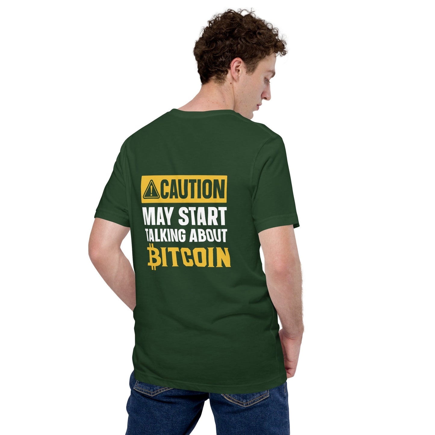 Caution! May start talking about Bitcoin Unisex t-shirt ( Back Print ) by DarkByteGear