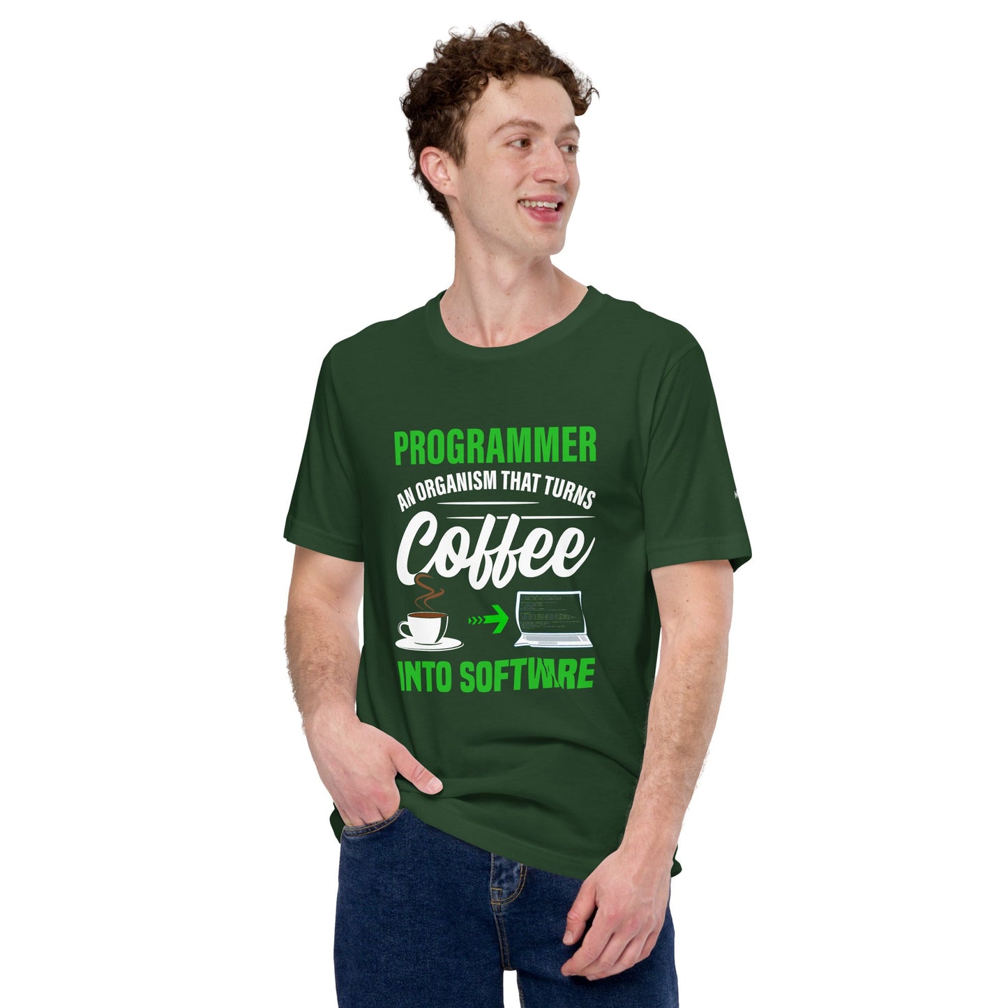 Programmer is an Organism that turns Coffee into Code ( Green Text ) - Unisex t-shirt by DarkByteGear