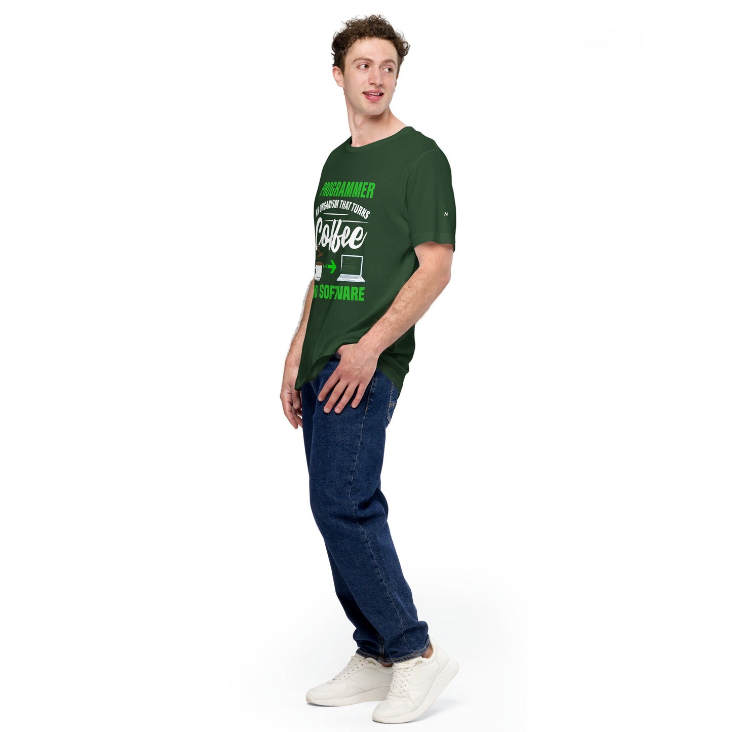 Programmer is an Organism that turns Coffee into Code ( Green Text ) - Unisex t-shirt by DarkByteGear