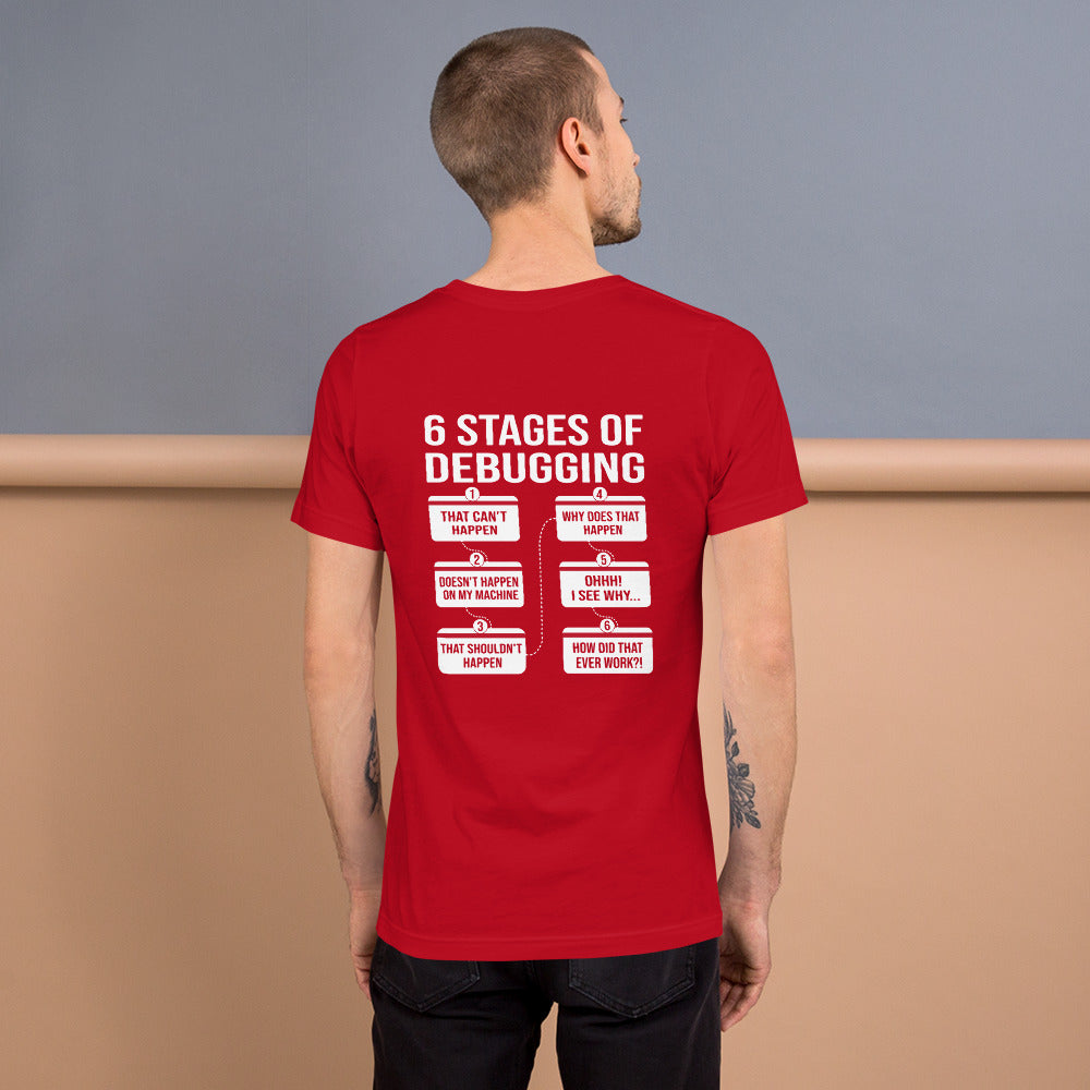 6 Stages of Debugging - Unisex t-shirt (back print) by DarkByteGear