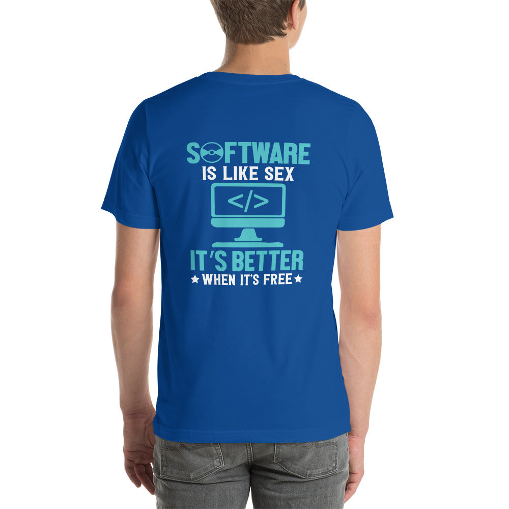 Software is like Sex - Blue Unisex t-shirt ( Back Print ) by DarkByteGear