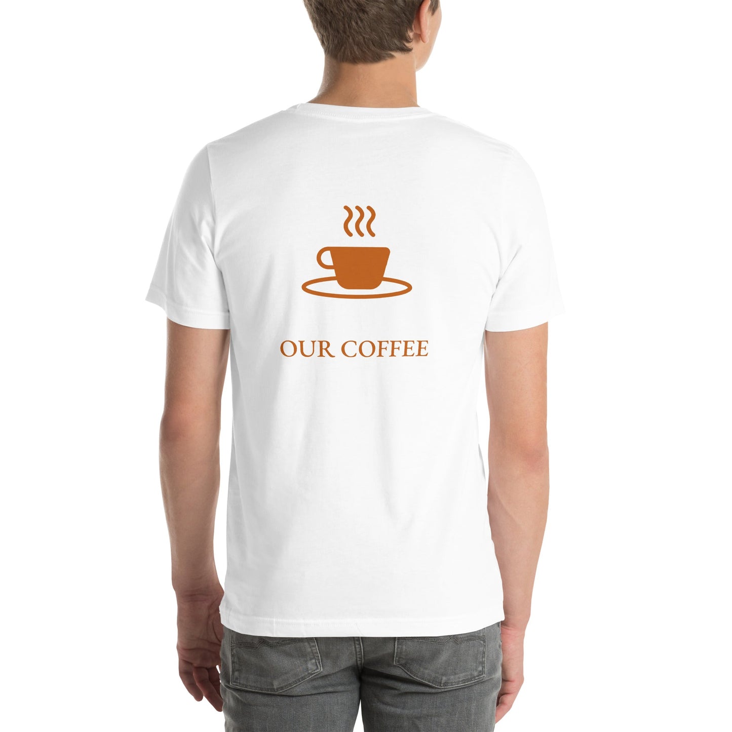 In cryptography, we trust... our coffee (Orange Text) - Unisex t-shirt ( Back Print ) by DarkByteGear