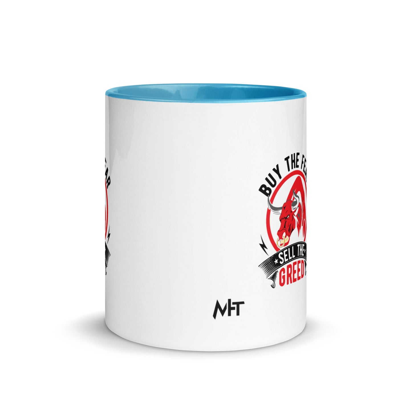 Buy the Fear; Sell the Greed in Dark Text - Mug with Color Inside by DarkByteGear