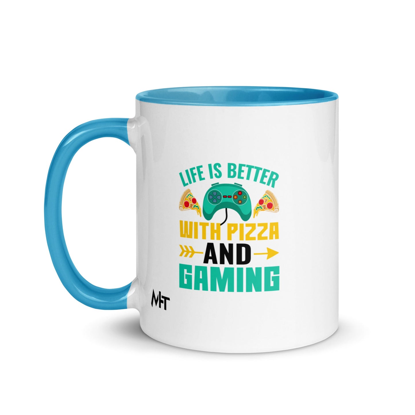 Life is Better With Pizza and Gaming Rima 14 in Dark Text - Mug with Color Inside by DarkByteGear