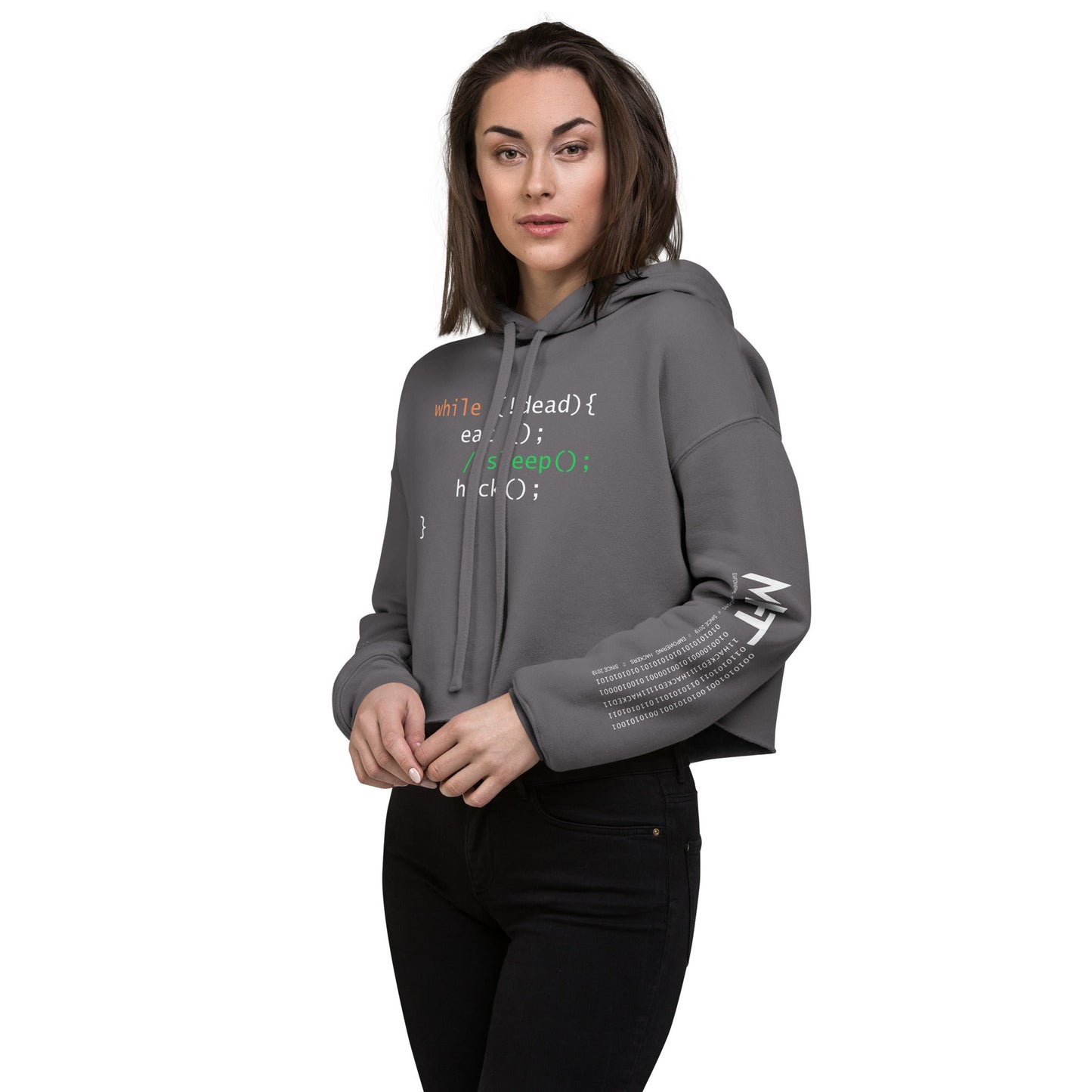while (!dead){ eat();//sleep();hack();} - Crop Hoodie by DarkByteGear