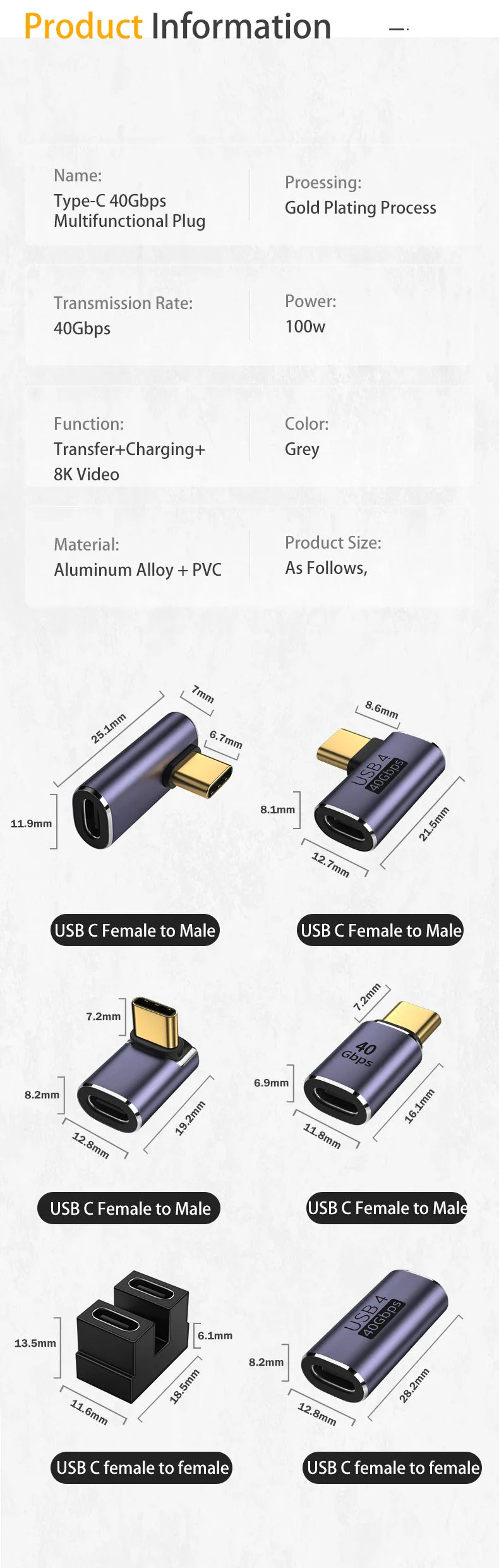USB 4.0 PD 100W 8K 60Hz Charger Connector for Macbook 40Gbps High Speed USB C OTG U-Shape Straight Angle Male to Female Adapter by DarkByteGear