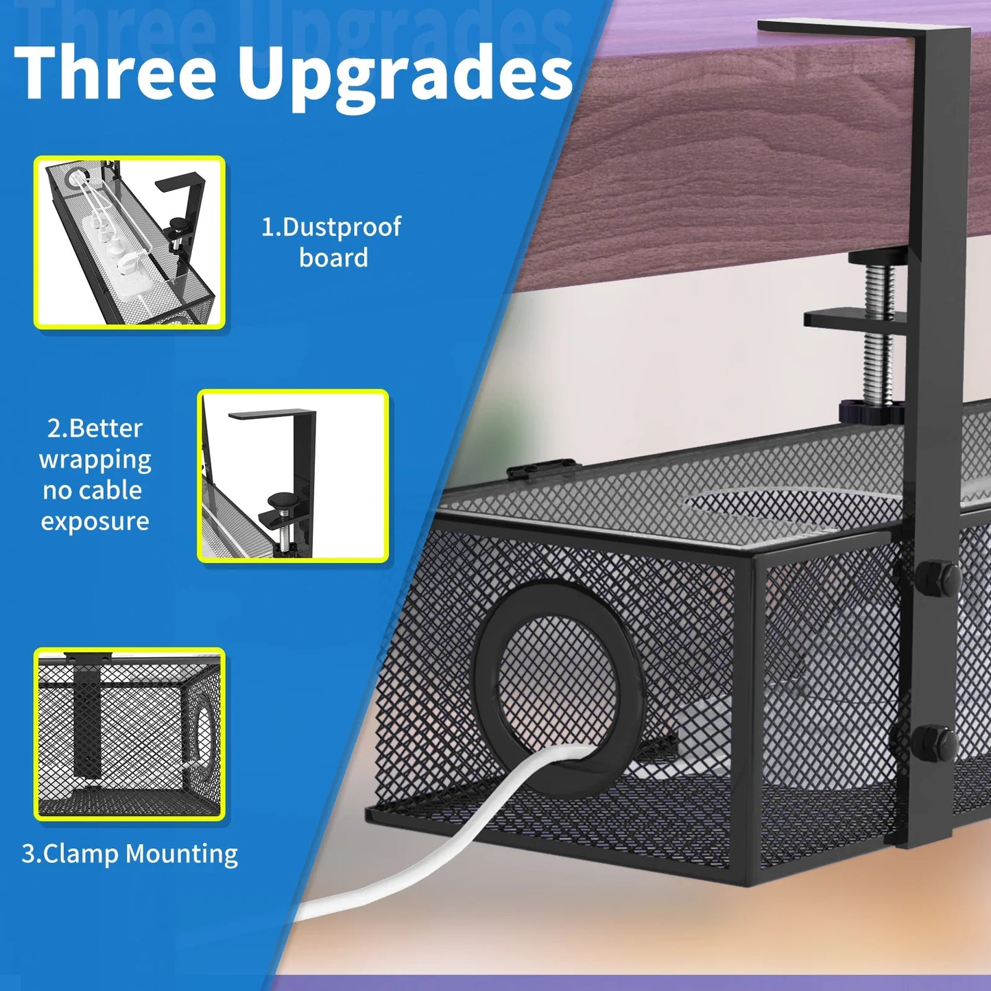 Under Desk Box Tray BLACK, 1 Pack - Wire Management & Cord Organizer, Clamp Mount by DarkByteGear