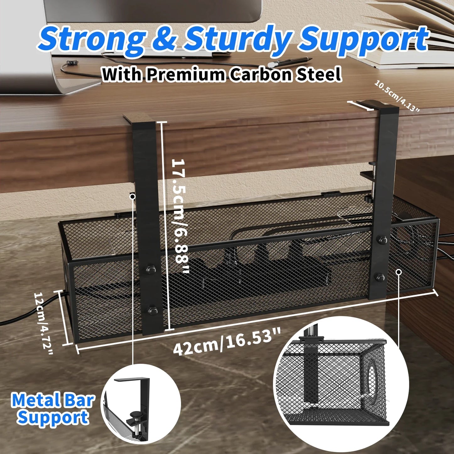 Under Desk Box Tray BLACK, 1 Pack - Wire Management & Cord Organizer, Clamp Mount by DarkByteGear