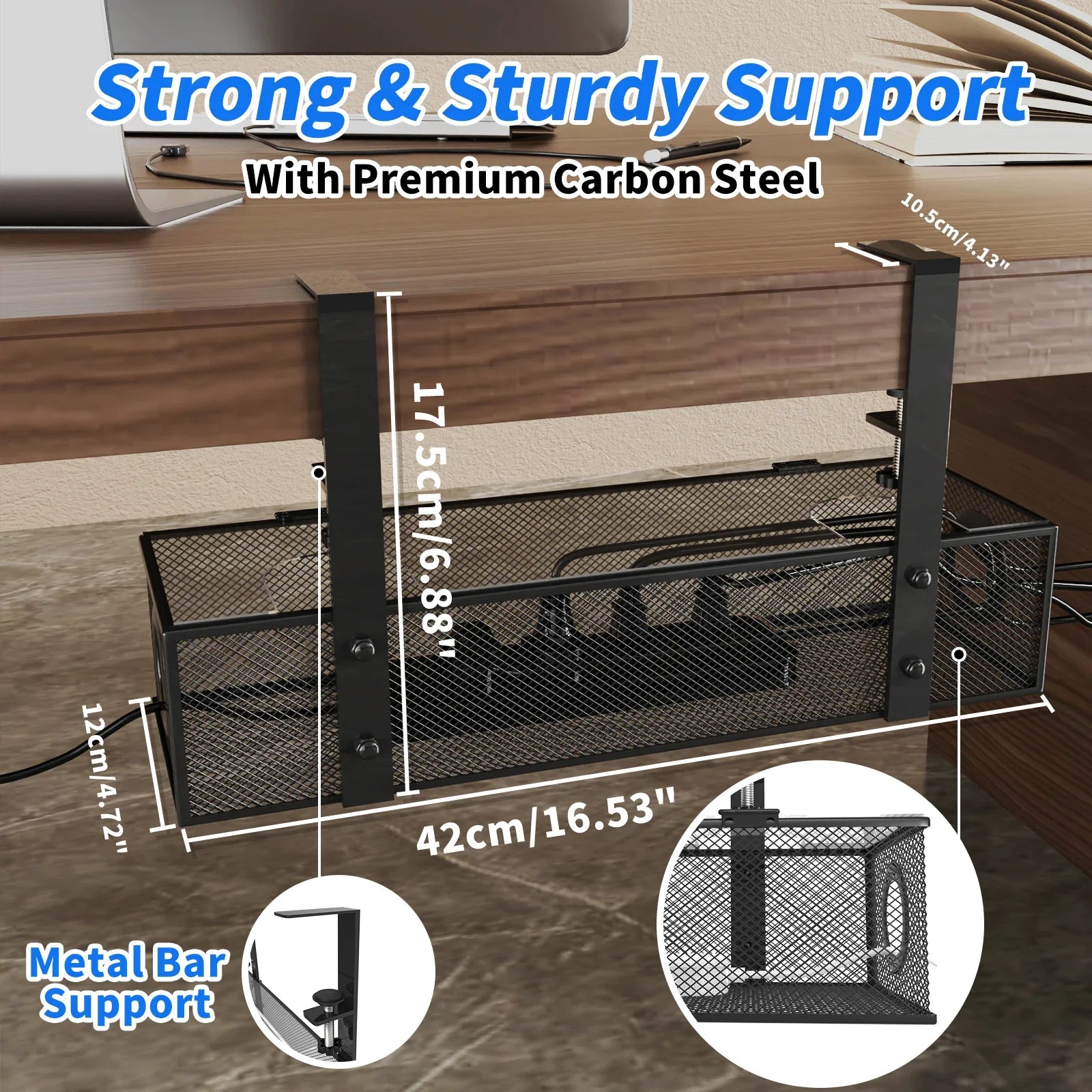 Under Desk Box Tray BLACK, 1 Pack - Wire Management & Cord Organizer, Clamp Mount by DarkByteGear