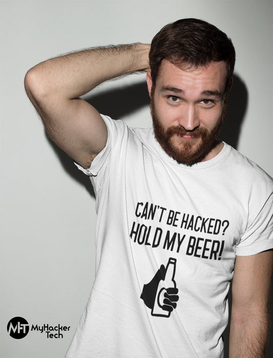 Can’t be hacked? Hold my beer! - Short-Sleeve Unisex T-Shirt (black text) by DarkByteGear