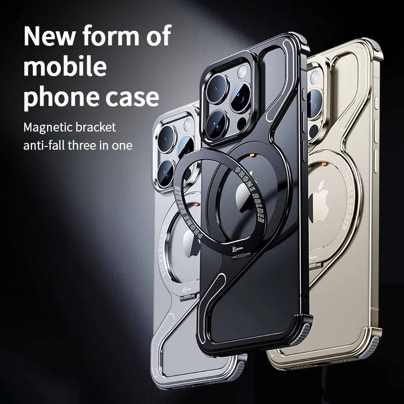 Magnetic Metal Snap-on Phone Case For Iphone 13 14 15 16 Pro Max Z Shape Geometry Stand Holder Phone Cover For IPHON 16 Promax by DarkByteGear