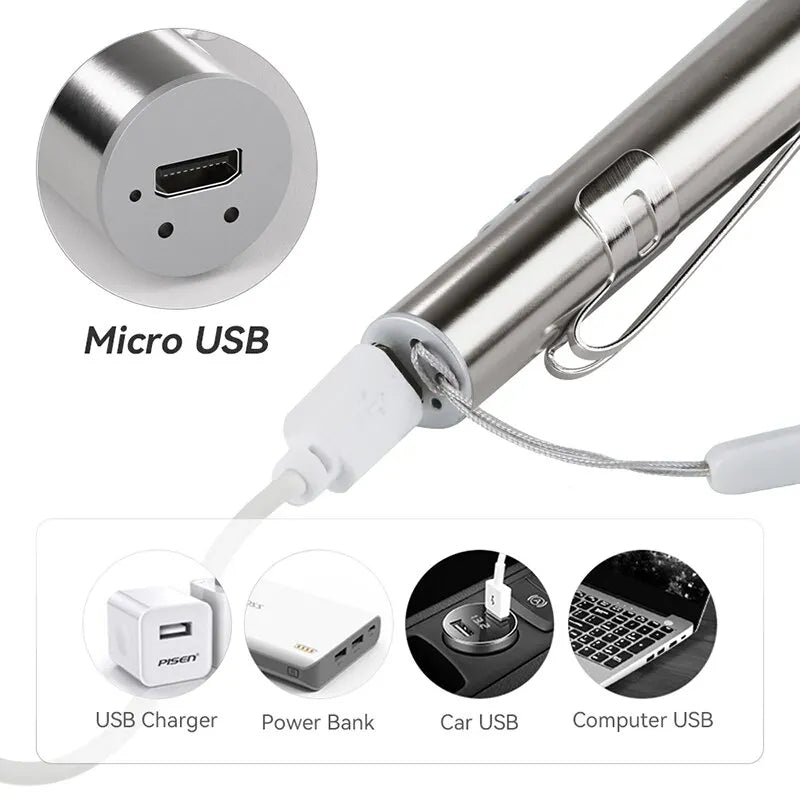 Mini Portable Medical Handy LED Pen Light Flashlight USB Rechargeable Dentist Nurse Torch with Stainless Steel Clip by DarkByteGear