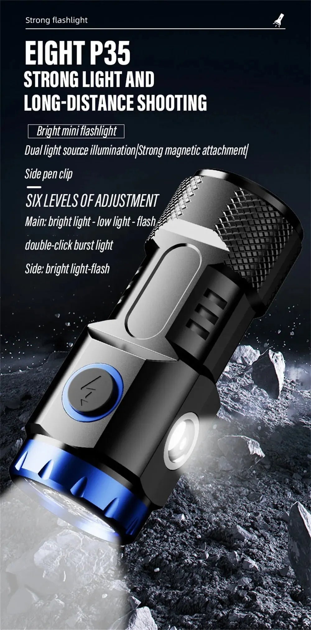 MINI Rechargeable LED Flashlight Camping Light With Side Lights and Lampshade Tail with Magnet Suitable for Exploring, Camping by DarkByteGear
