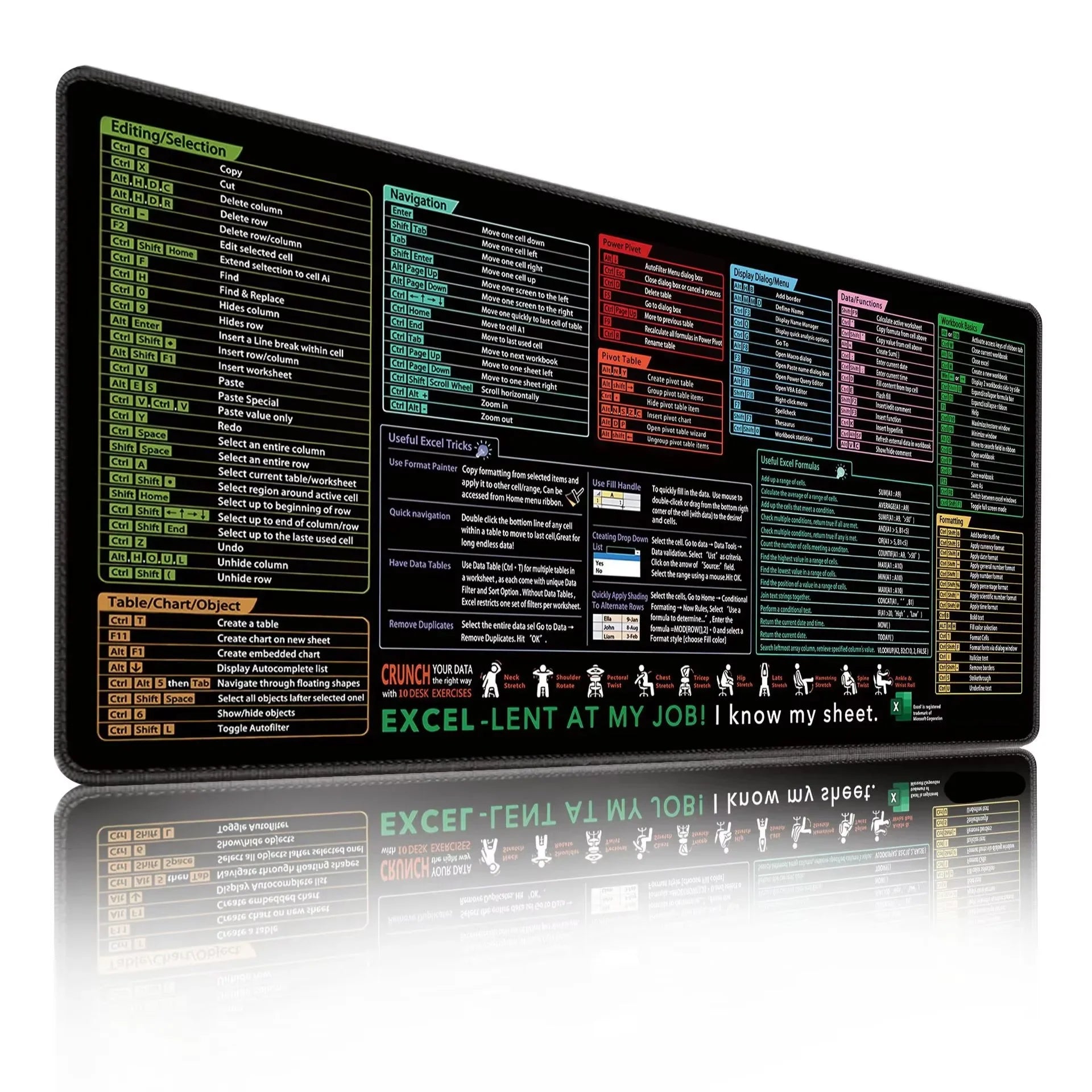Office Shortcuts XXL Mouse Pad Large Extended Excel Powerpoint Word Software Mousepad Programmer Non-Slip Rubber Gaming Desk Mat by DarkByteGear