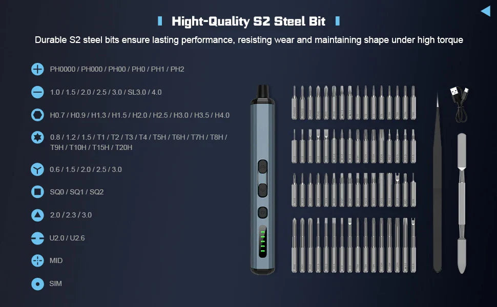 Precision Electric Screwdriver Set 68 in 1 Cordless 64 S2 Precision Drill Bits 5 Torque Settings LED Hand Repair Tool Kit by DarkByteGear