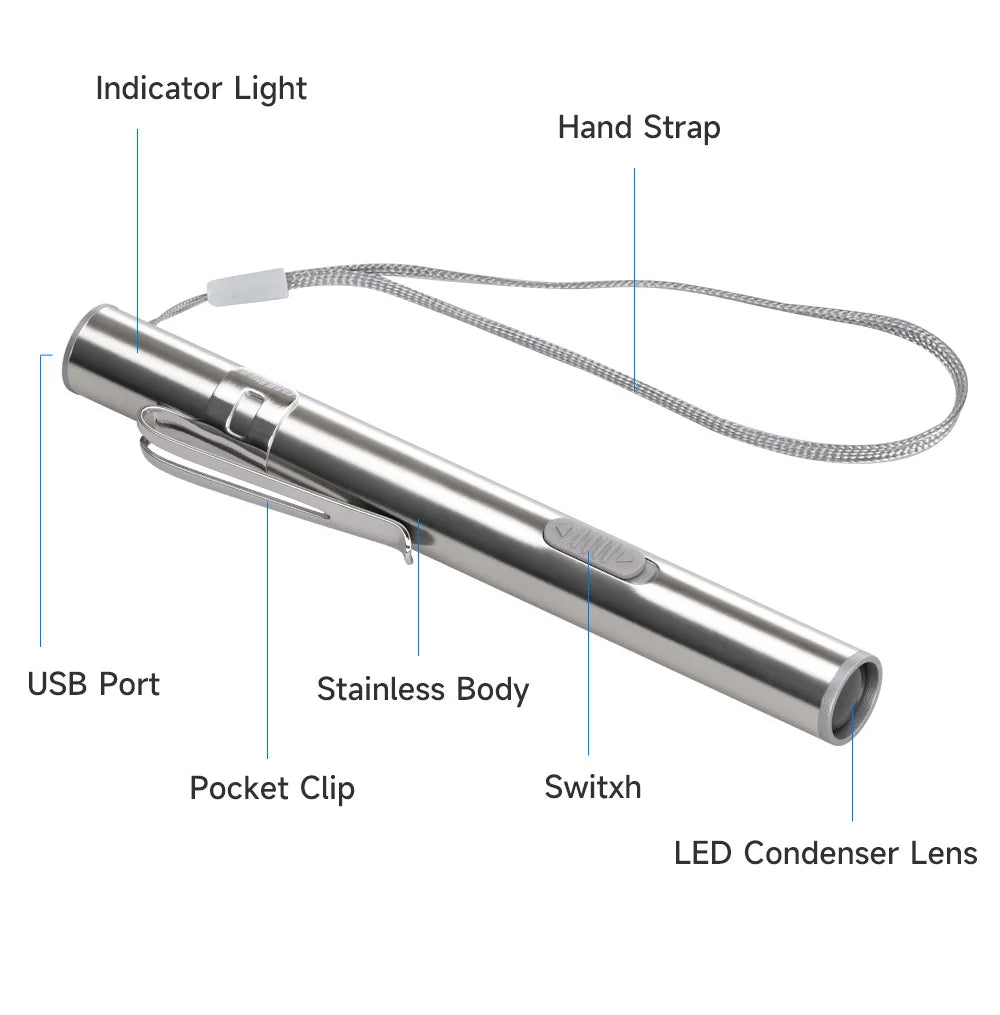 Mini Portable Medical Handy LED Pen Light Flashlight USB Rechargeable Dentist Nurse Torch with Stainless Steel Clip by DarkByteGear