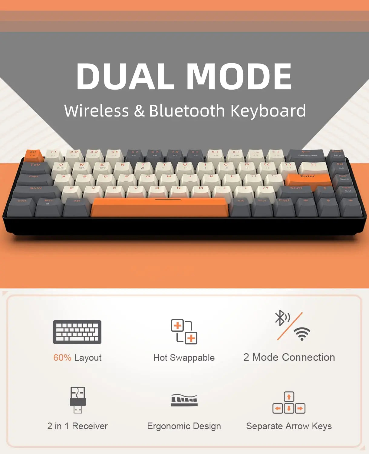 60% Wireless Mechanical Keyboard Bluetooth Dual Mode Hot-Swappable Mini 68-Key Red Switch for PC PS4 Xbox iPhone iPad by DarkByteGear