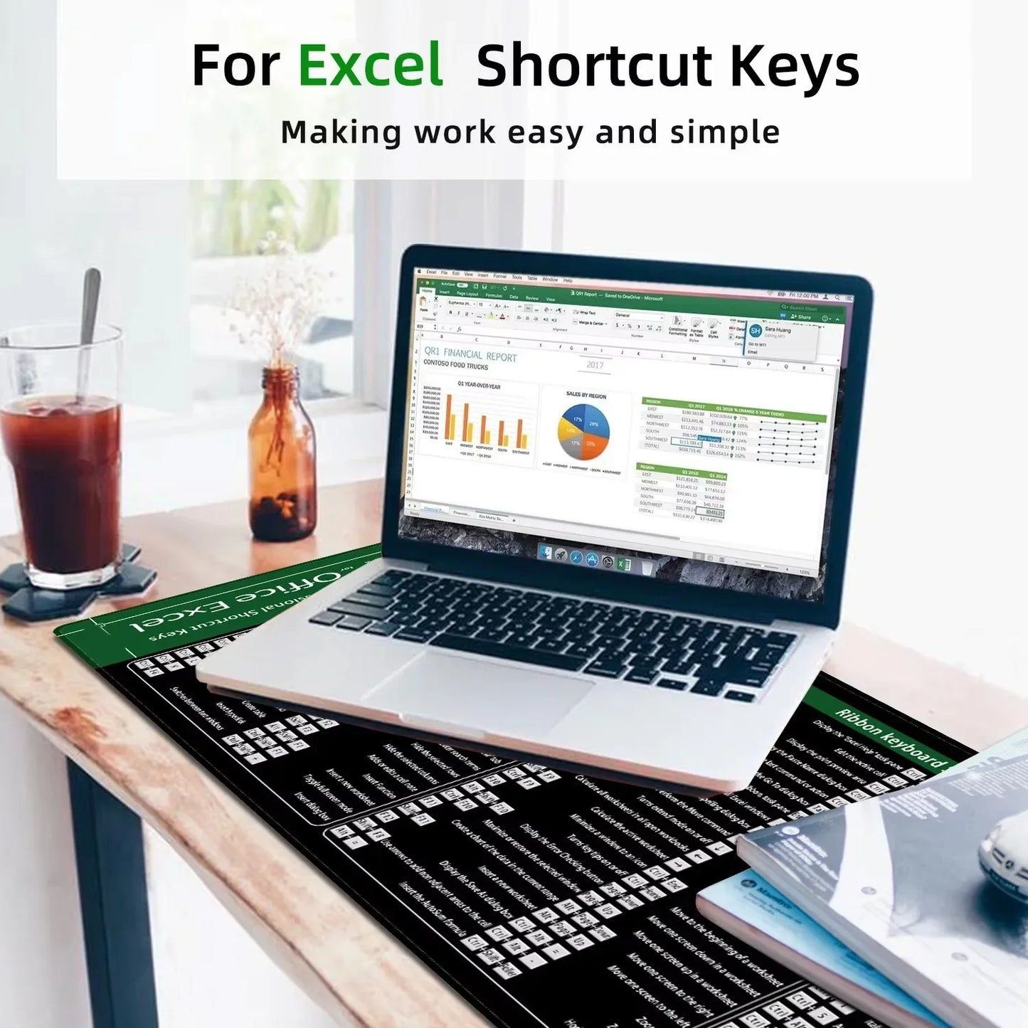 Excel Shortcuts Mouse Pad XXL Large Extended Office Computer Desk Mat Big Keyboard Mousepad with Stitched Edge Non-Slip Base by DarkByteGear