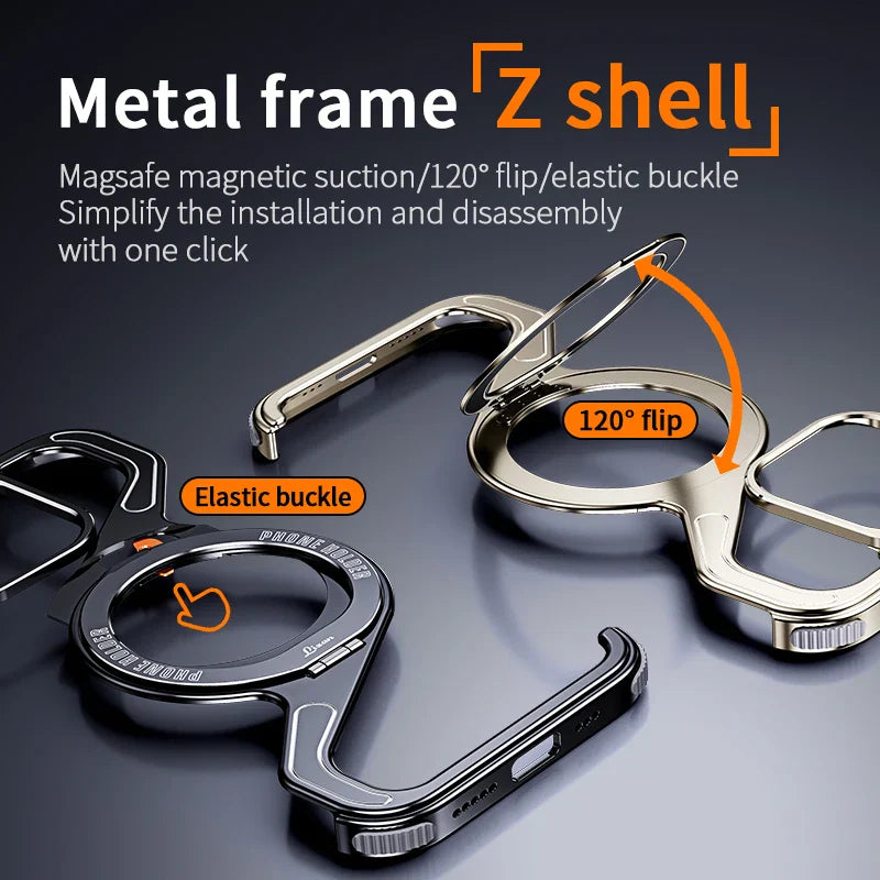Magnetic Metal Snap-on Phone Case For Iphone 13 14 15 16 Pro Max Z Shape Geometry Stand Holder Phone Cover For IPHON 16 Promax by DarkByteGear