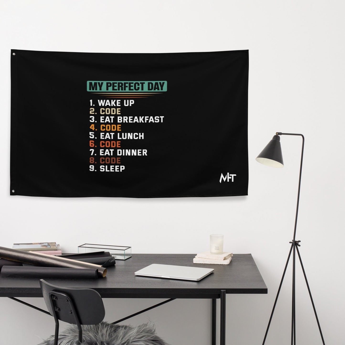 my-perfect-day-1.-wake-up-2.-code-3.-eat-breakfast-4.-code-5.-eat-lunch-6.-code-7.-eat-dinner-8.-code-9.-sleepFlag by DarkByteGear