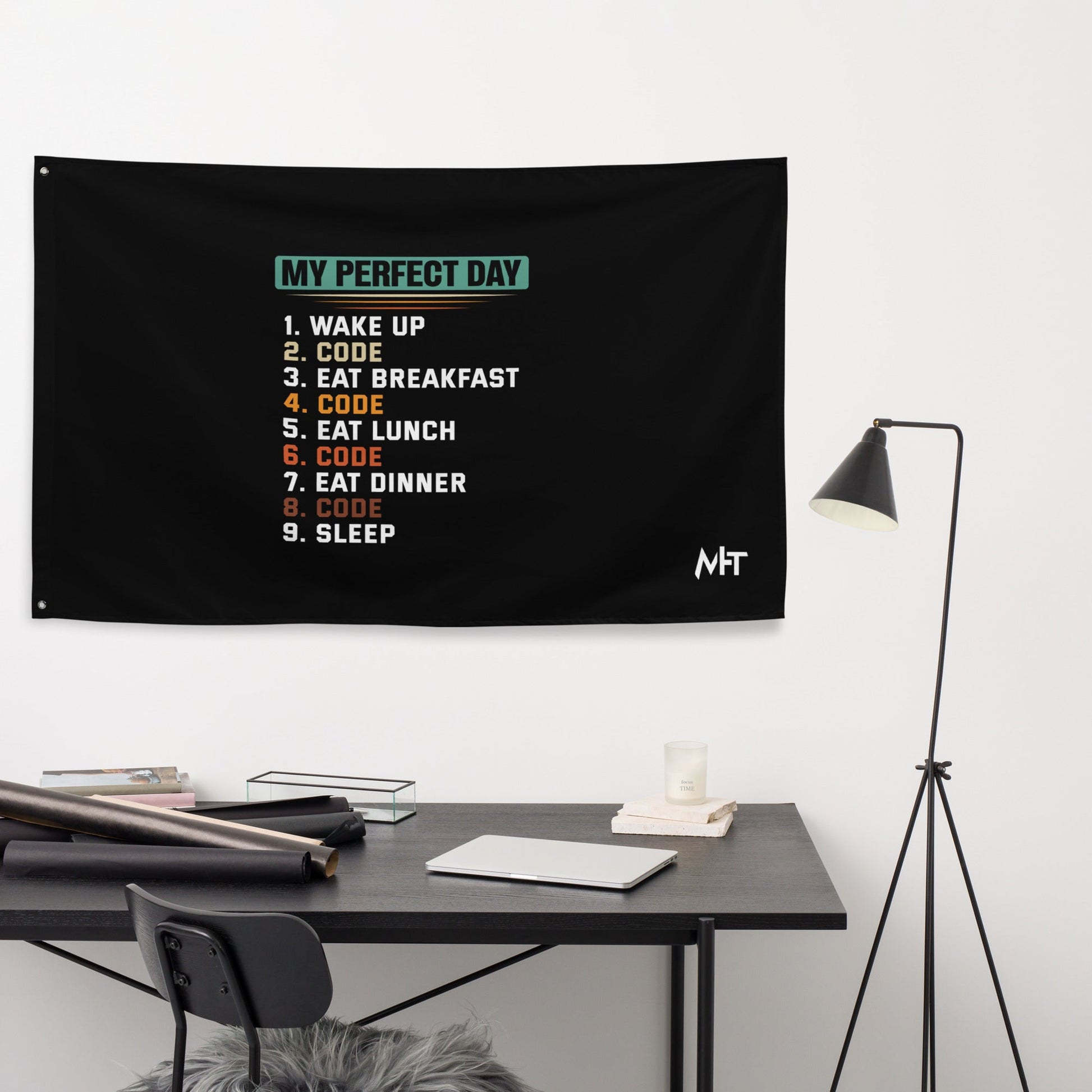 my-perfect-day-1.-wake-up-2.-code-3.-eat-breakfast-4.-code-5.-eat-lunch-6.-code-7.-eat-dinner-8.-code-9.-sleepFlag by DarkByteGear