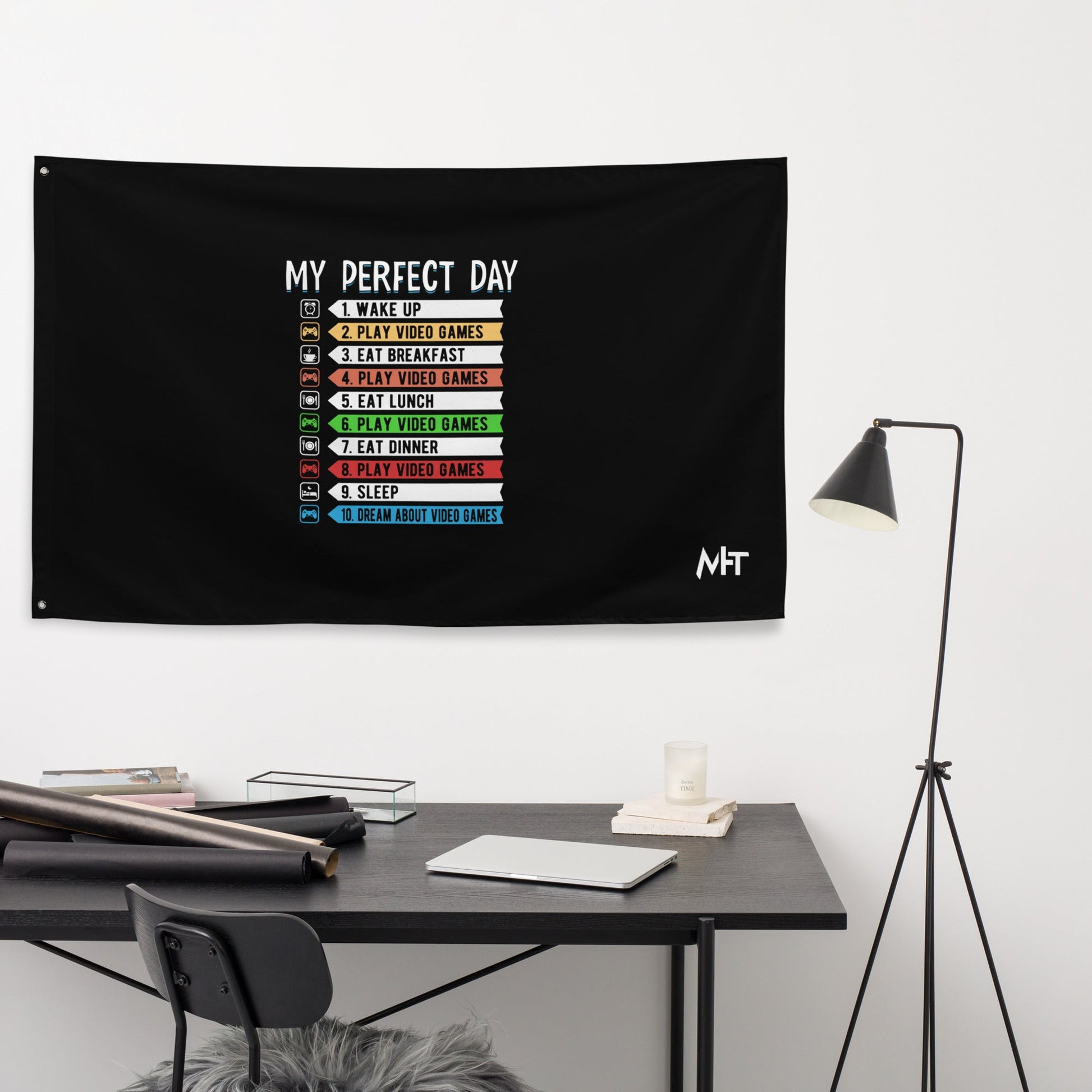 My perfect day wake up play video game Flag by DarkByteGear