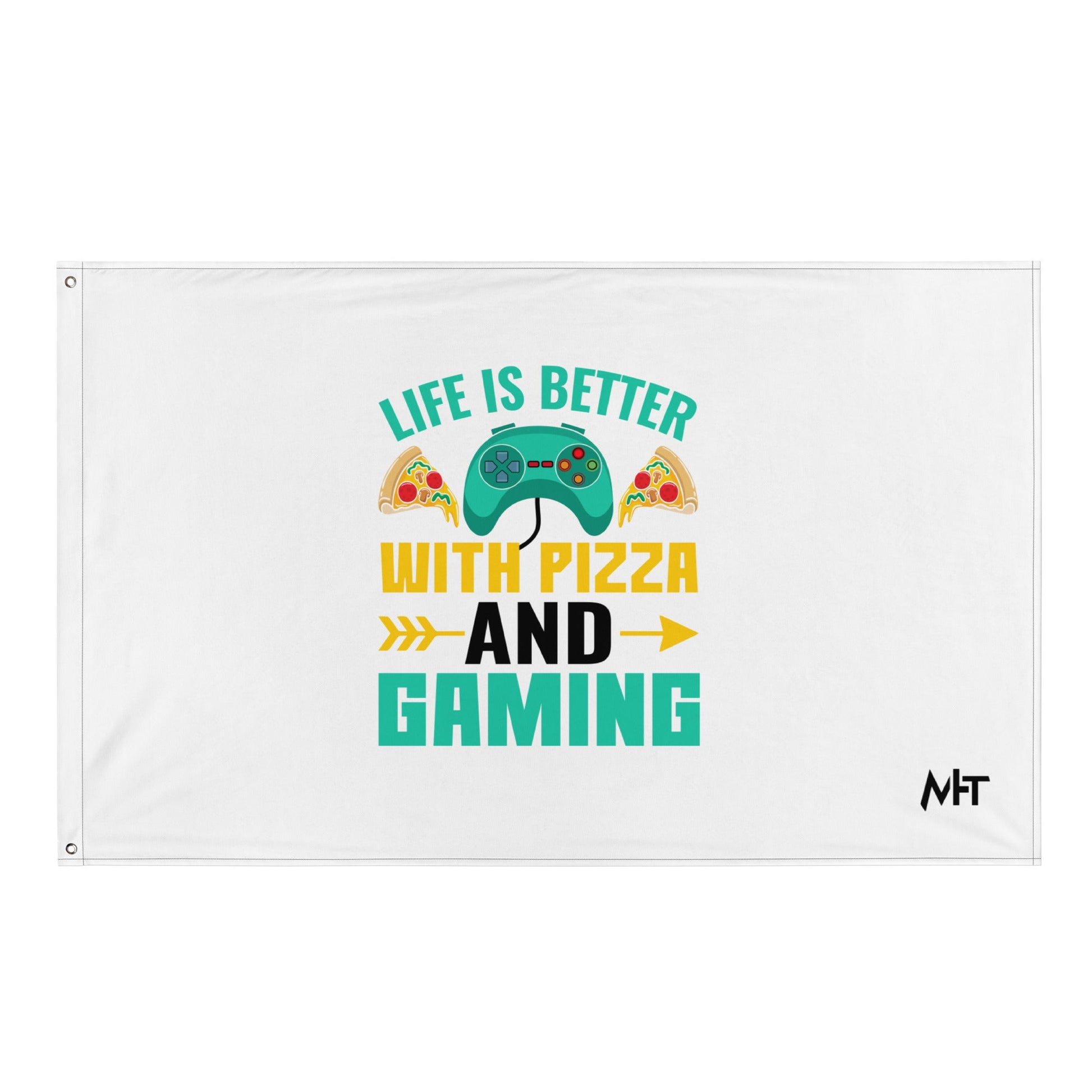 Life is Better With Pizza and Gaming Rima 14 in Dark Text - Flag by DarkByteGear