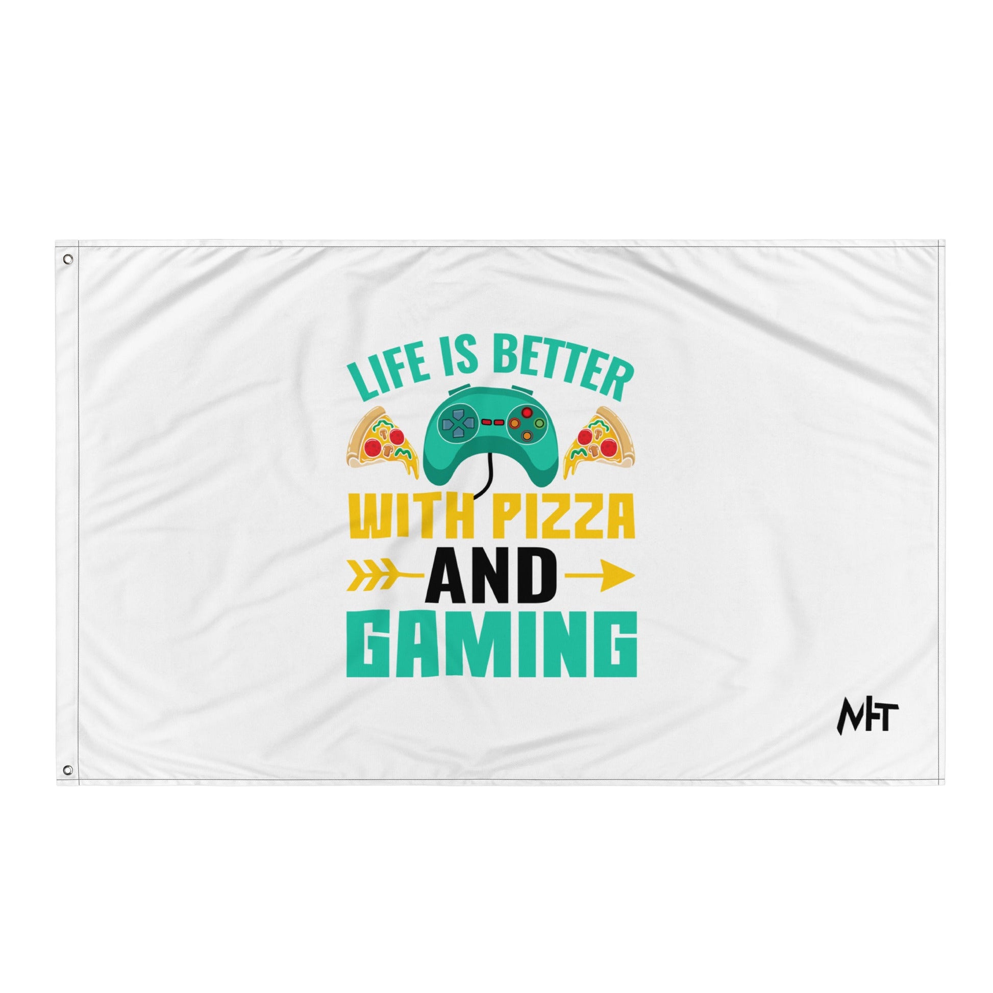 Life is Better With Pizza and Gaming Rima 14 in Dark Text - Flag by DarkByteGear