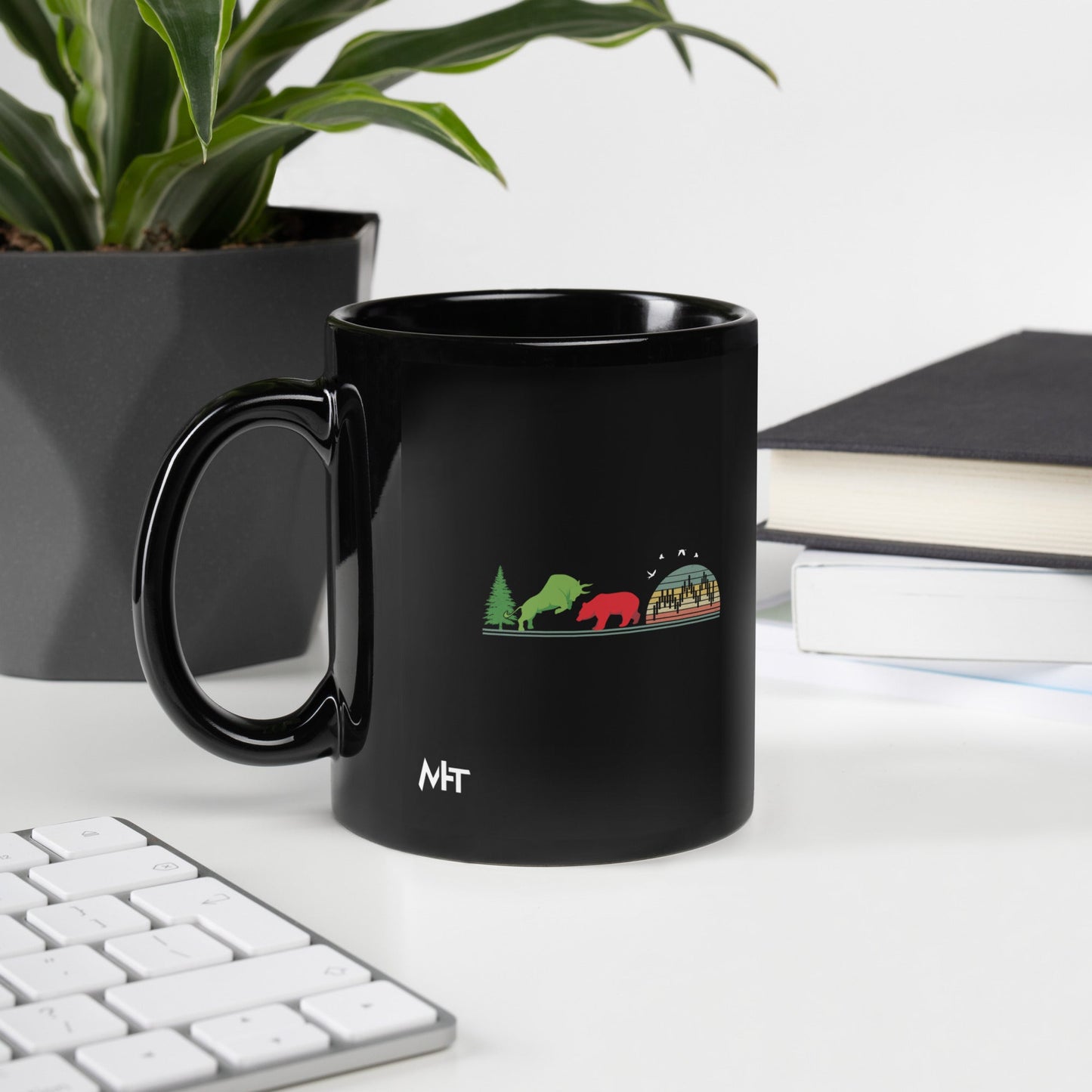 Pine tree Green Bull Read Bear Trading - Black Glossy Mug by DarkByteGear