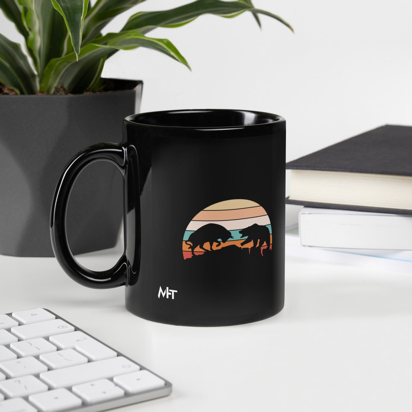 Bull Bear Fight in Sunset - Black Glossy Mug by DarkByteGear
