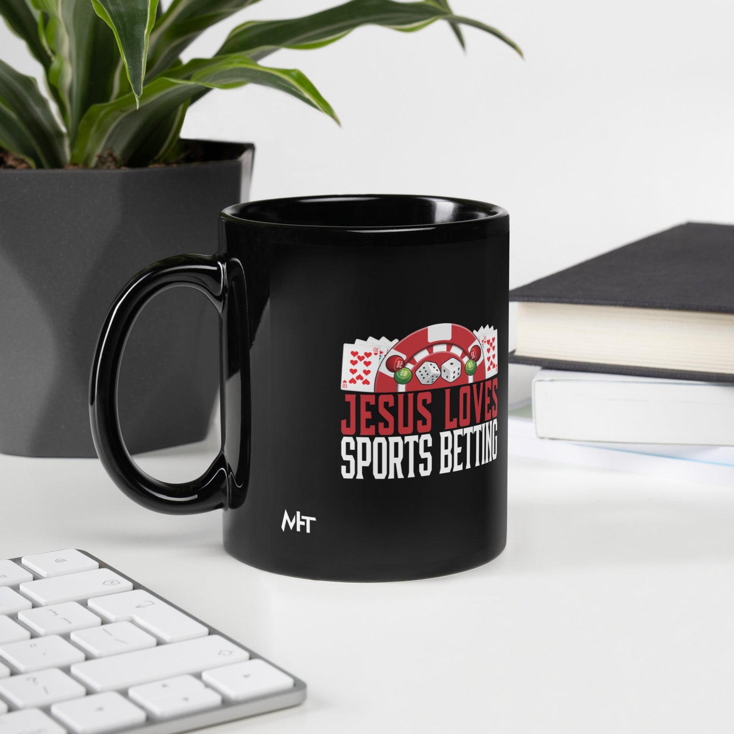Jesus Loves Sports Betting - Black Glossy Mug by DarkByteGear