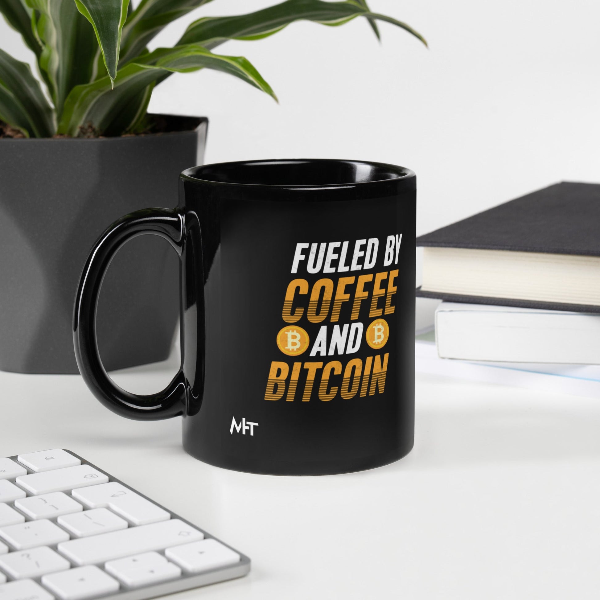 Fueled by Coffee and Bitcoin - Black Glossy Mug by DarkByteGear