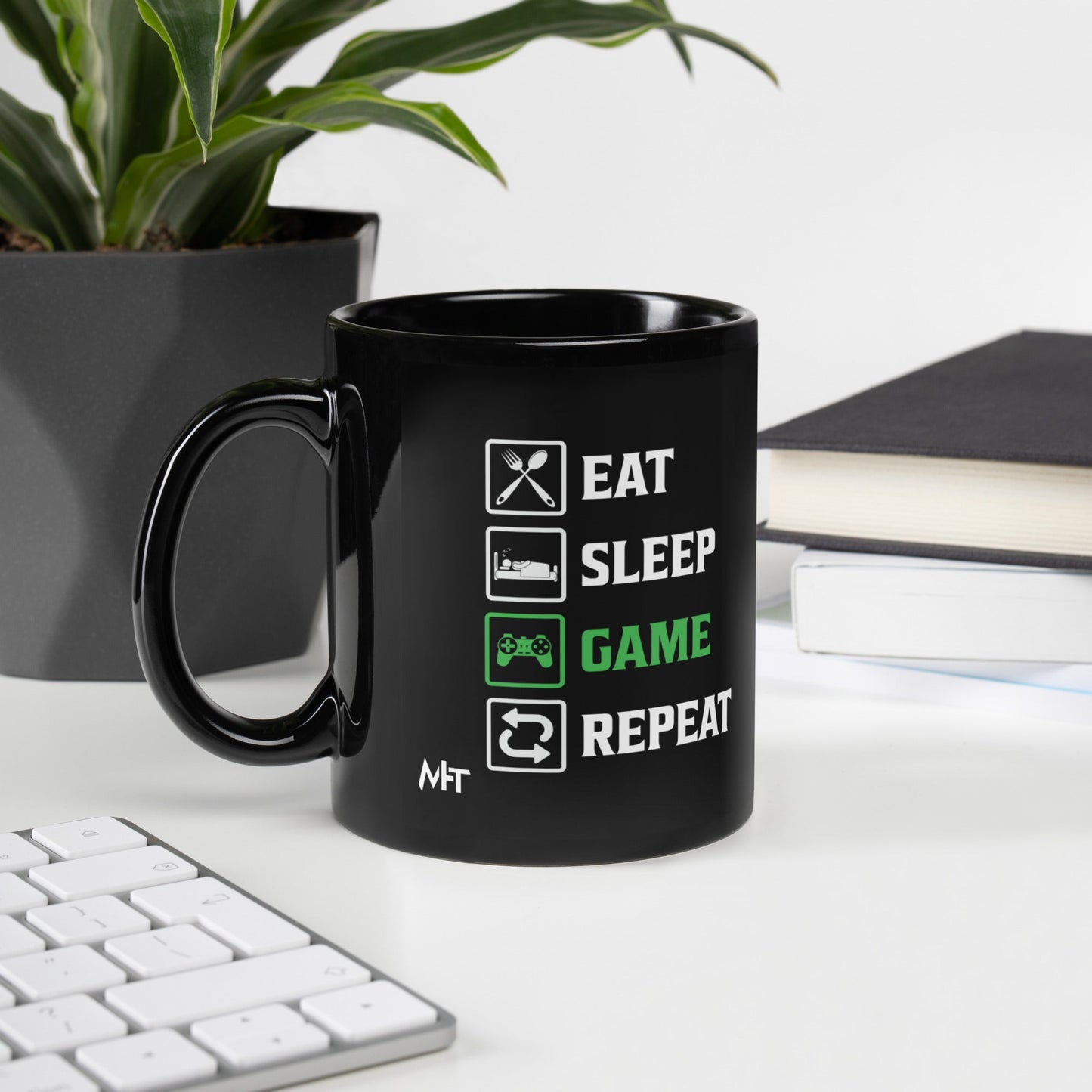 Eat, Sleep, GAME, Repeat - Black Glossy Mug by DarkByteGear