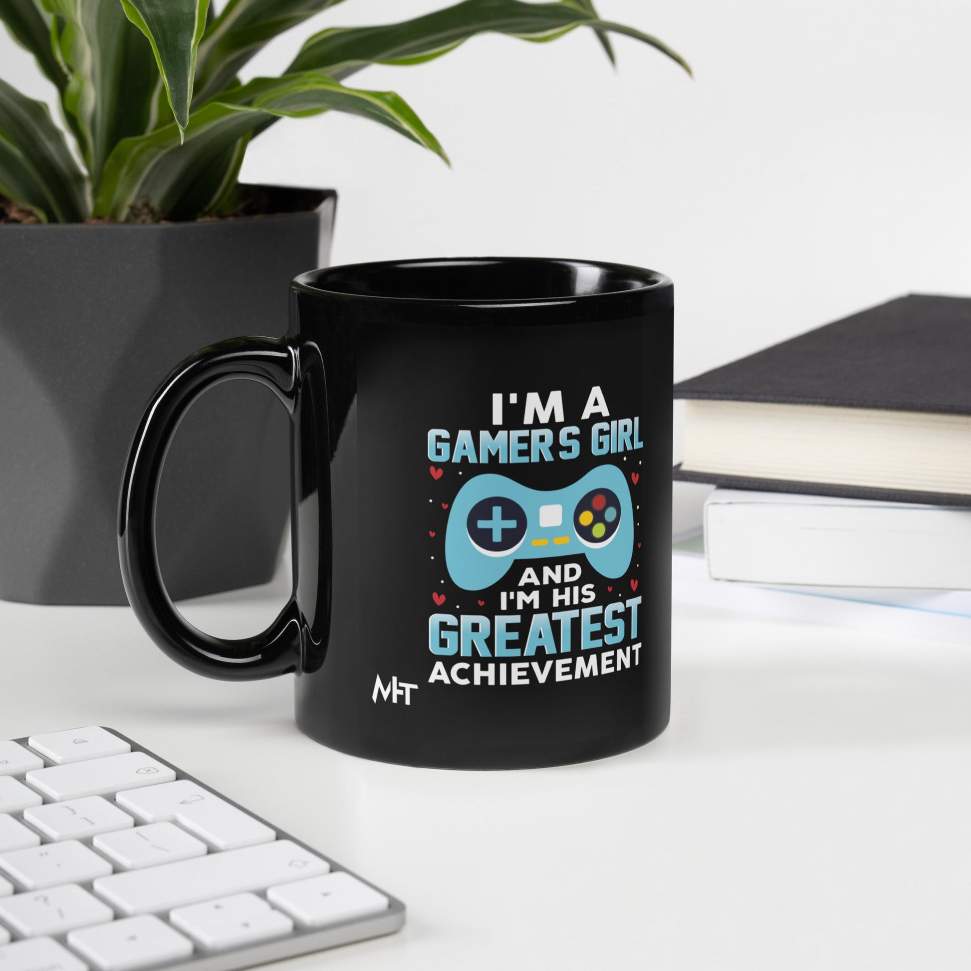 I am a Gamer's Girl, I am his Greatest Achievement (turquoise text ) - Black Glossy Mug by DarkByteGear