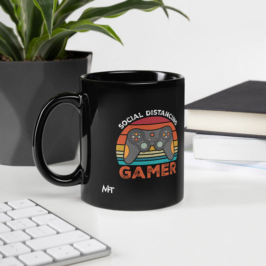 Social Distancing Gamer - Black Glossy Mug by DarkByteGear