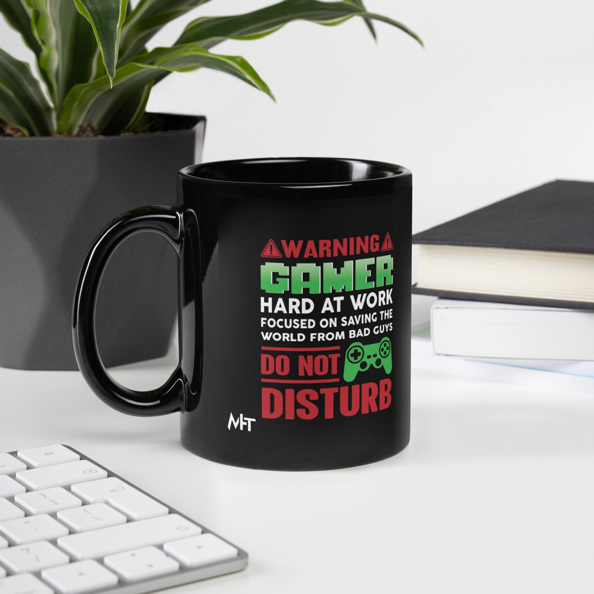 Warning! Gamer Hard at Work, DND - Black Glossy Mug by DarkByteGear