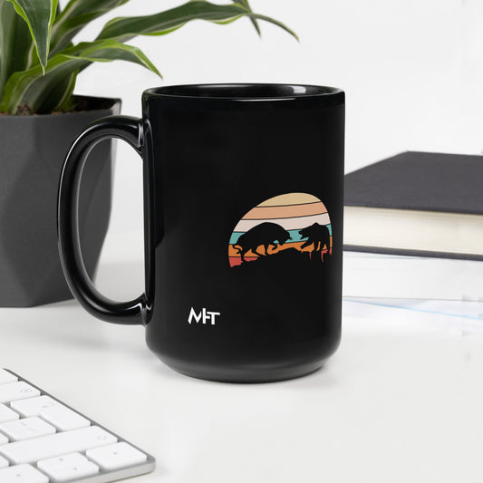 Bull Bear Fight in Sunset - Black Glossy Mug by DarkByteGear
