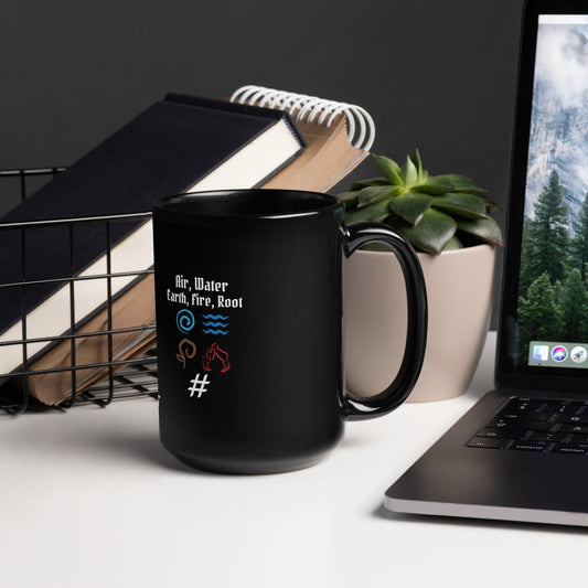 Air, Water, Earth, Fire, Root - Black Glossy Mug by DarkByteGear
