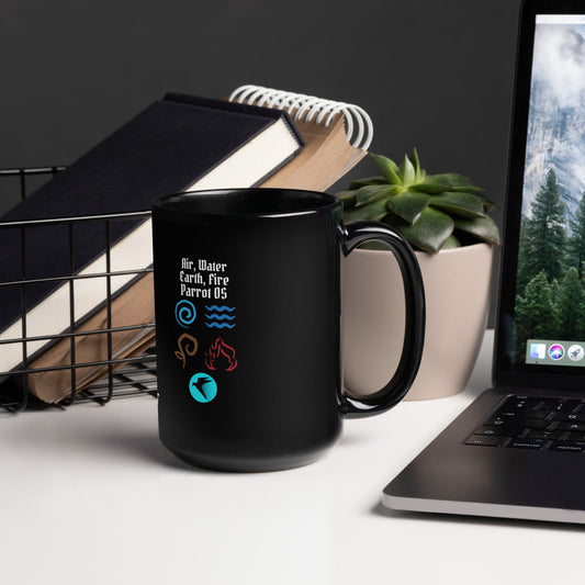 Air, Water, Earth, Fire, Parrot OS - Black Glossy Mug by DarkByteGear
