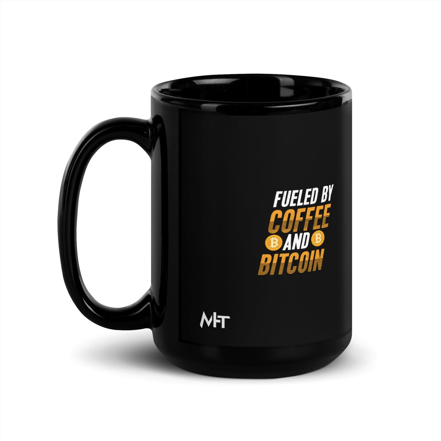 Fueled by Coffee and Bitcoin - Black Glossy Mug by DarkByteGear