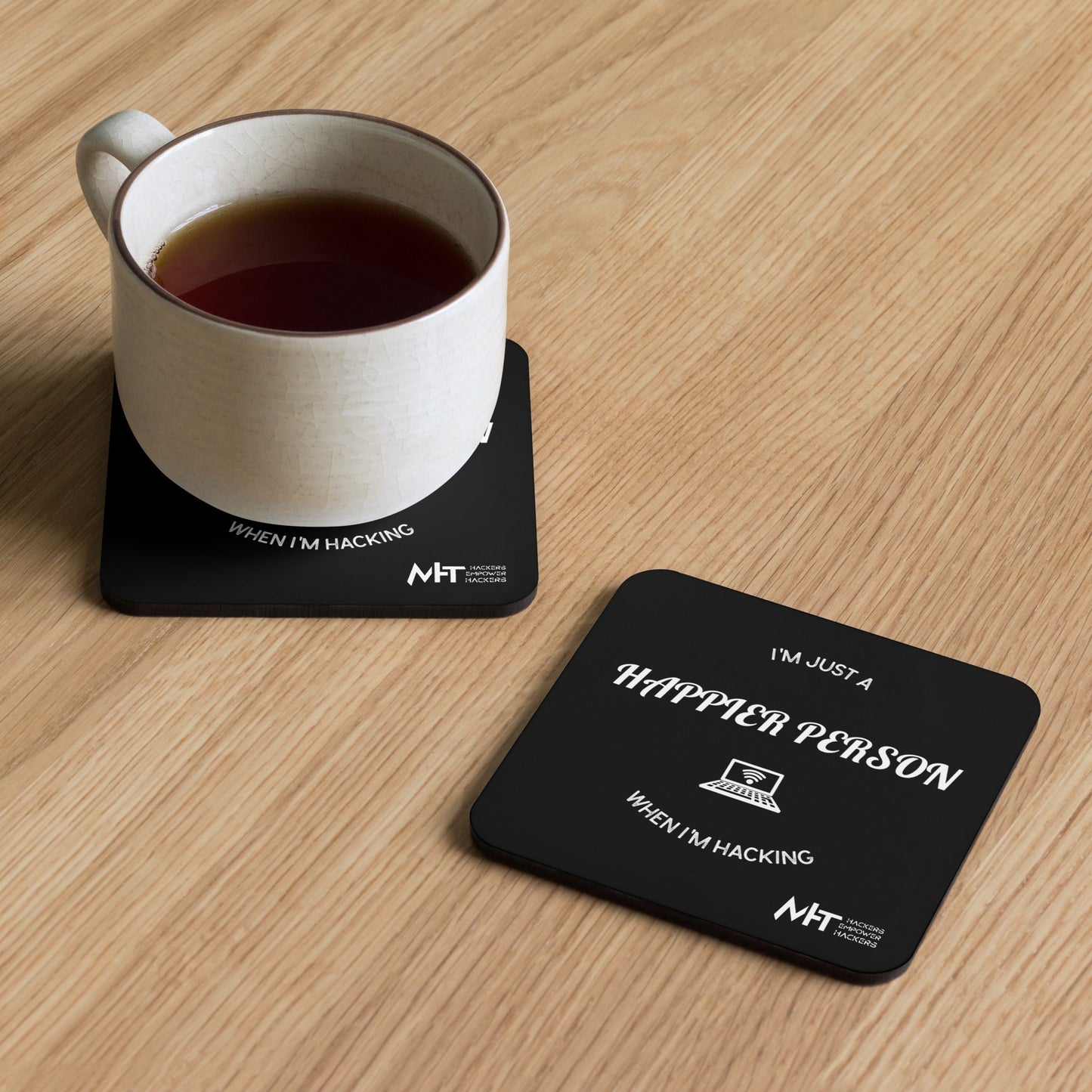 I'm just a happier person when hacking - Cork-back coaster by DarkByteGear