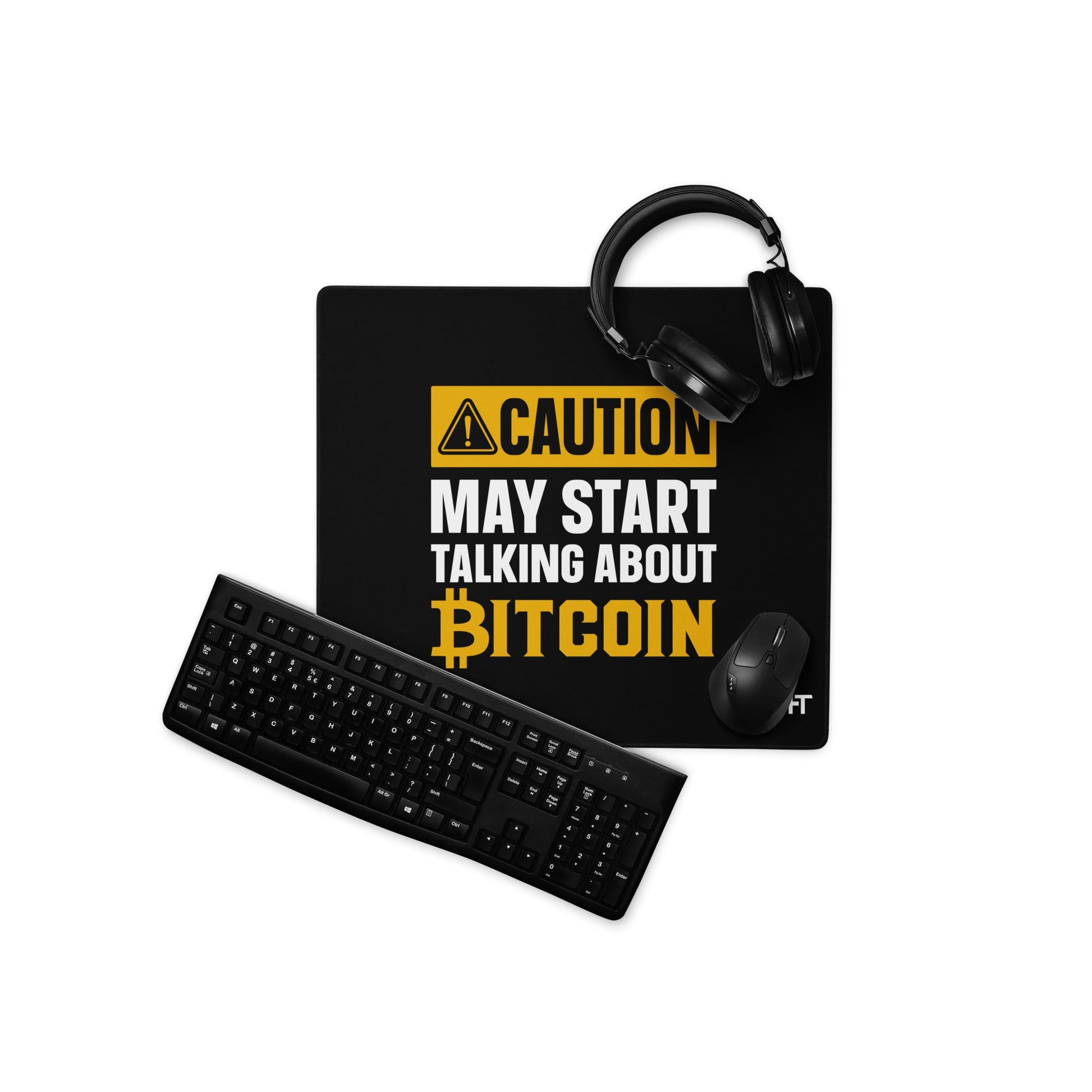 Caution! May start talking about Bitcoin - Desk Mat by DarkByteGear