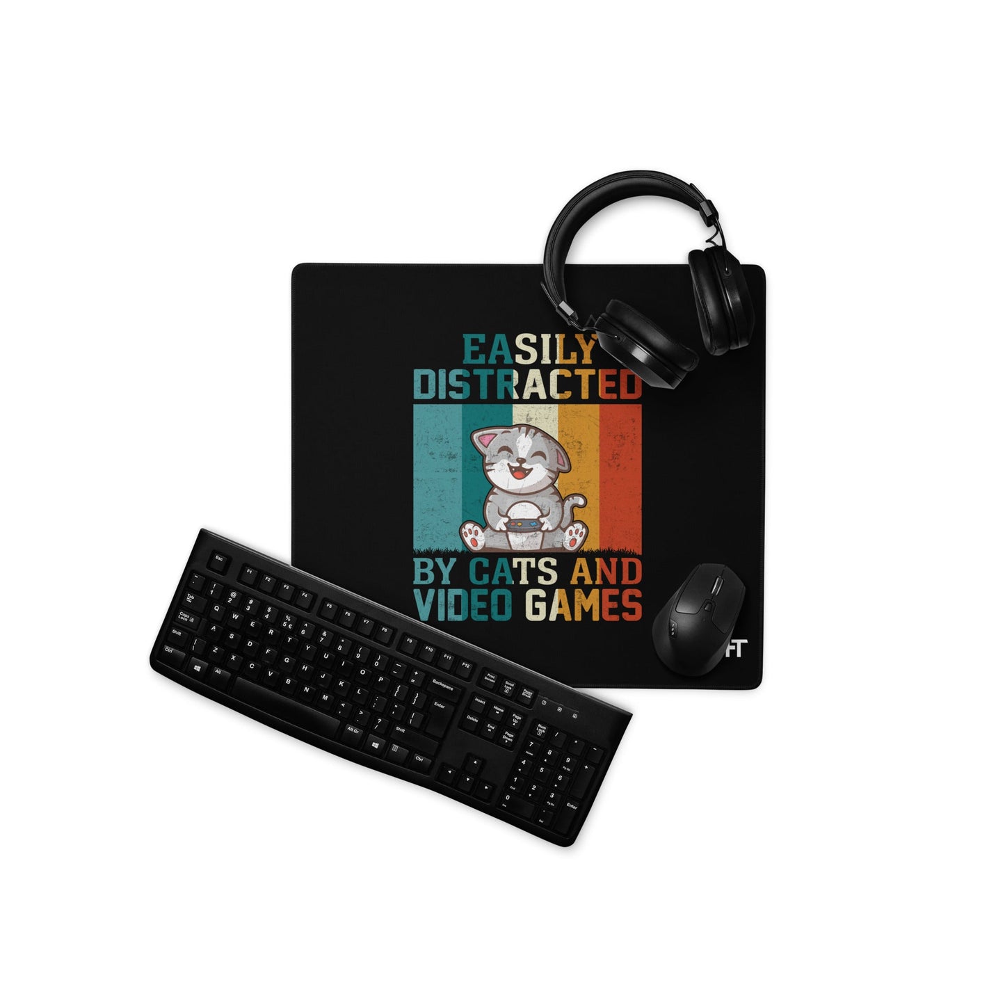 Easily Distracted by Cats and Video games Desk Mat by DarkByteGear