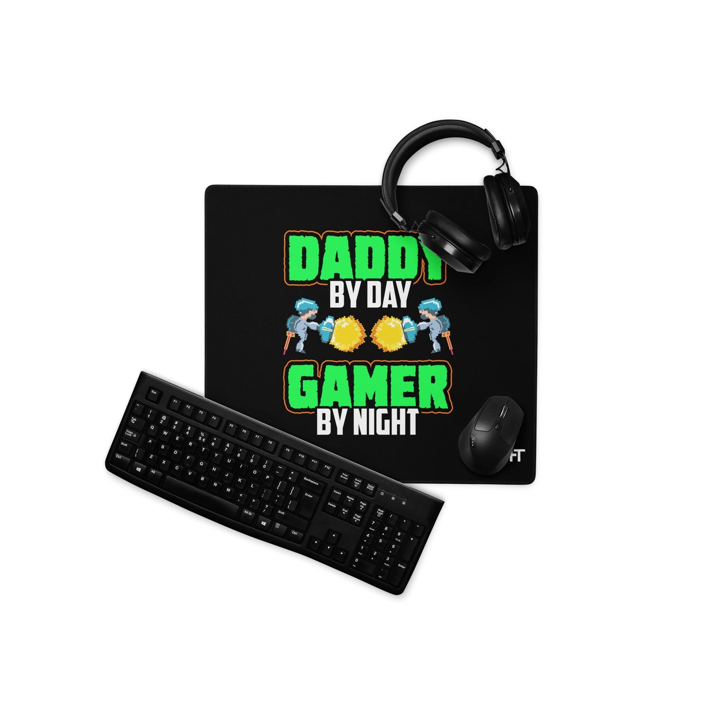 Daddy by Day, Gamer by Night ( Green text ) - Desk Mat by DarkByteGear