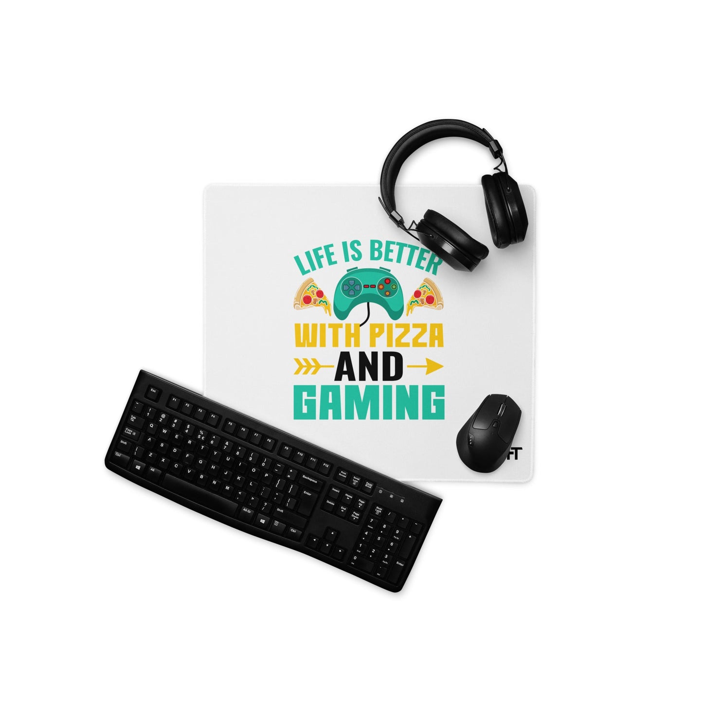 Life is Better With Pizza and Gaming Rima 14 in Dark Text - Desk Mat by DarkByteGear