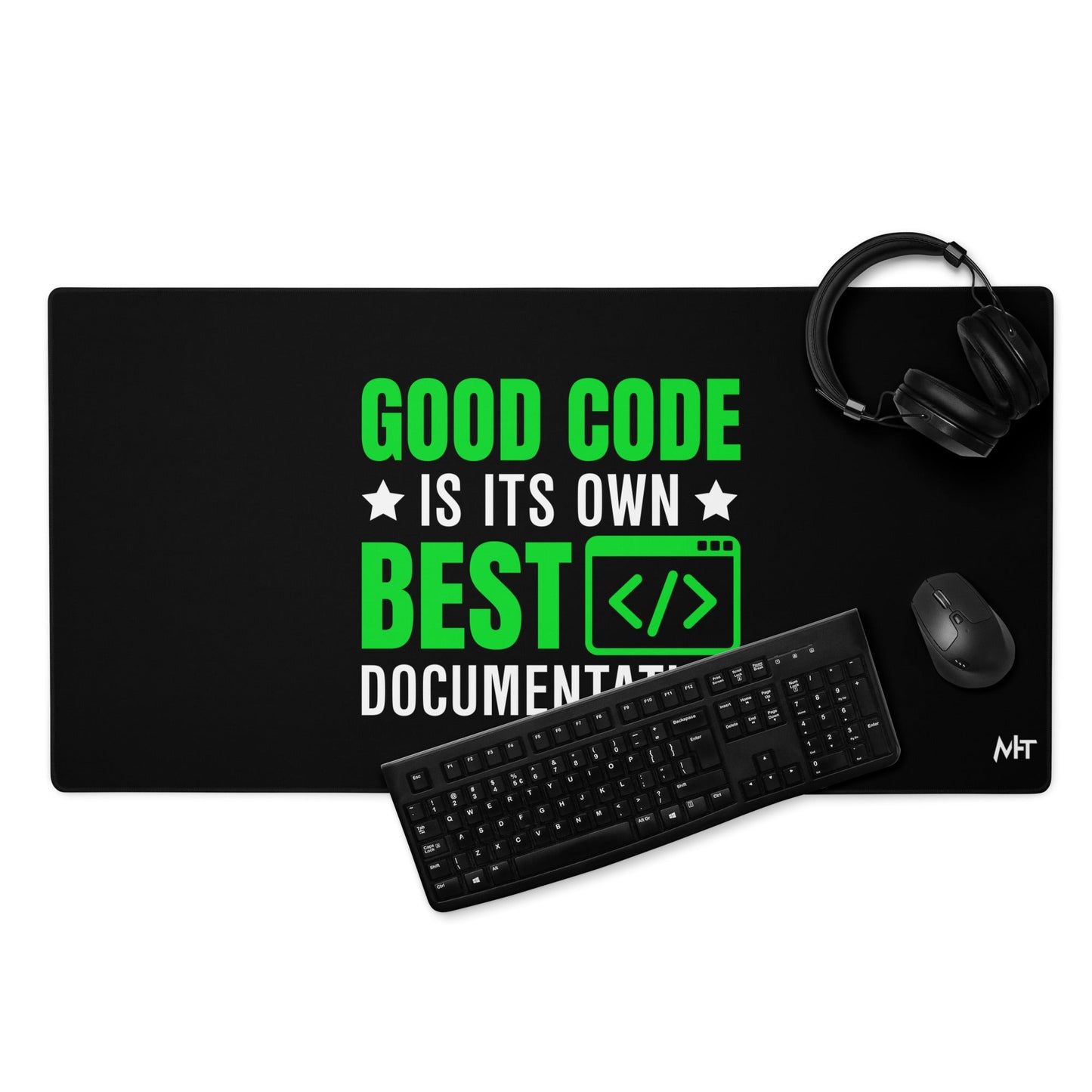 Good Code is in its own best documentation Desk Mat by DarkByteGear