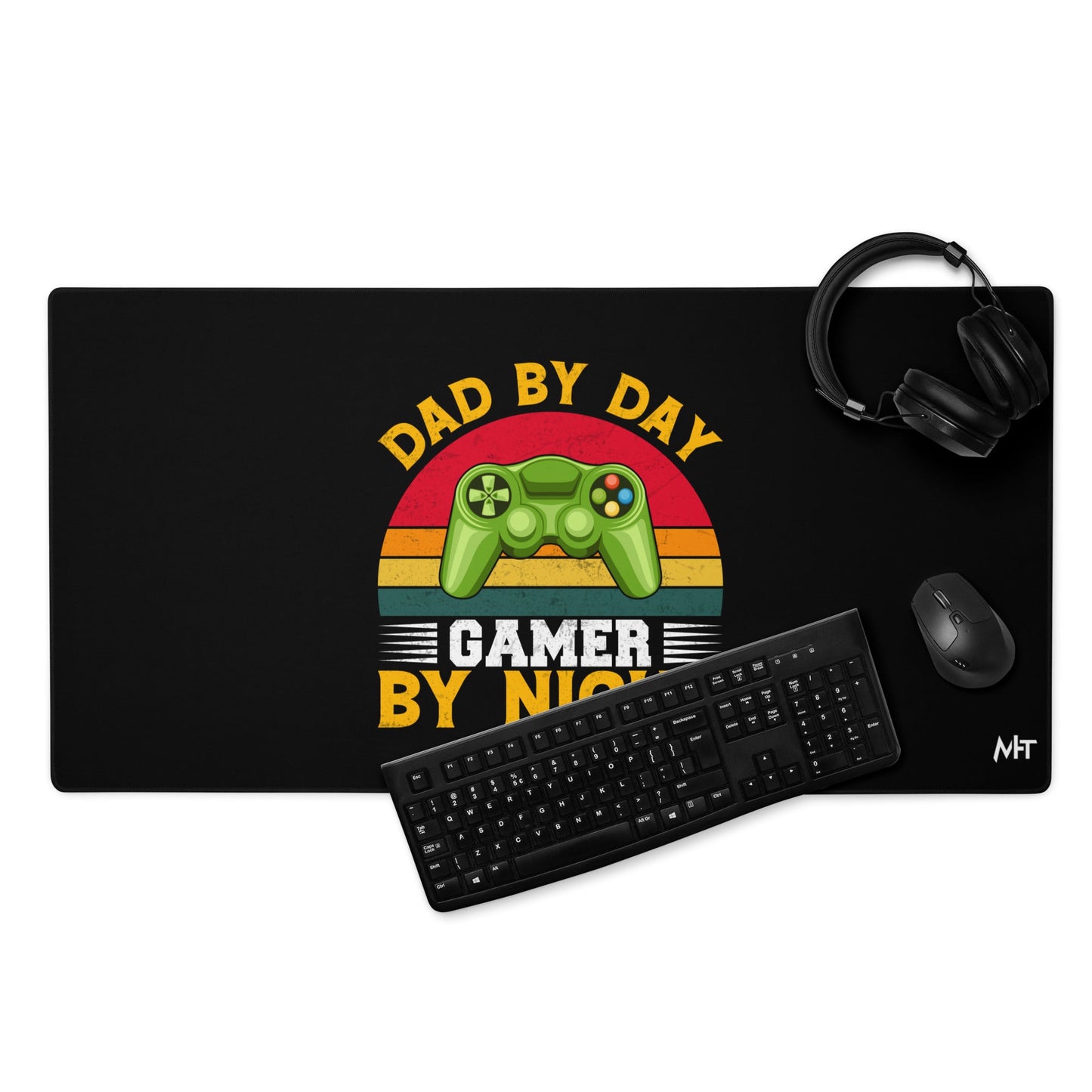 Dad by Day, Gamer by Night ( Yellow Text ) - Desk Mat by DarkByteGear