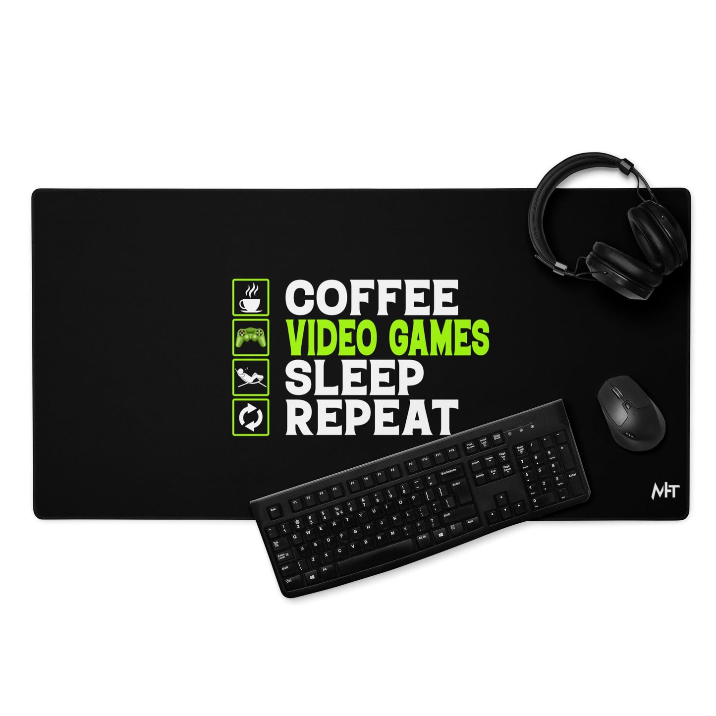 Coffee, Video Games, Sleep, Repeat Desk Mat by DarkByteGear
